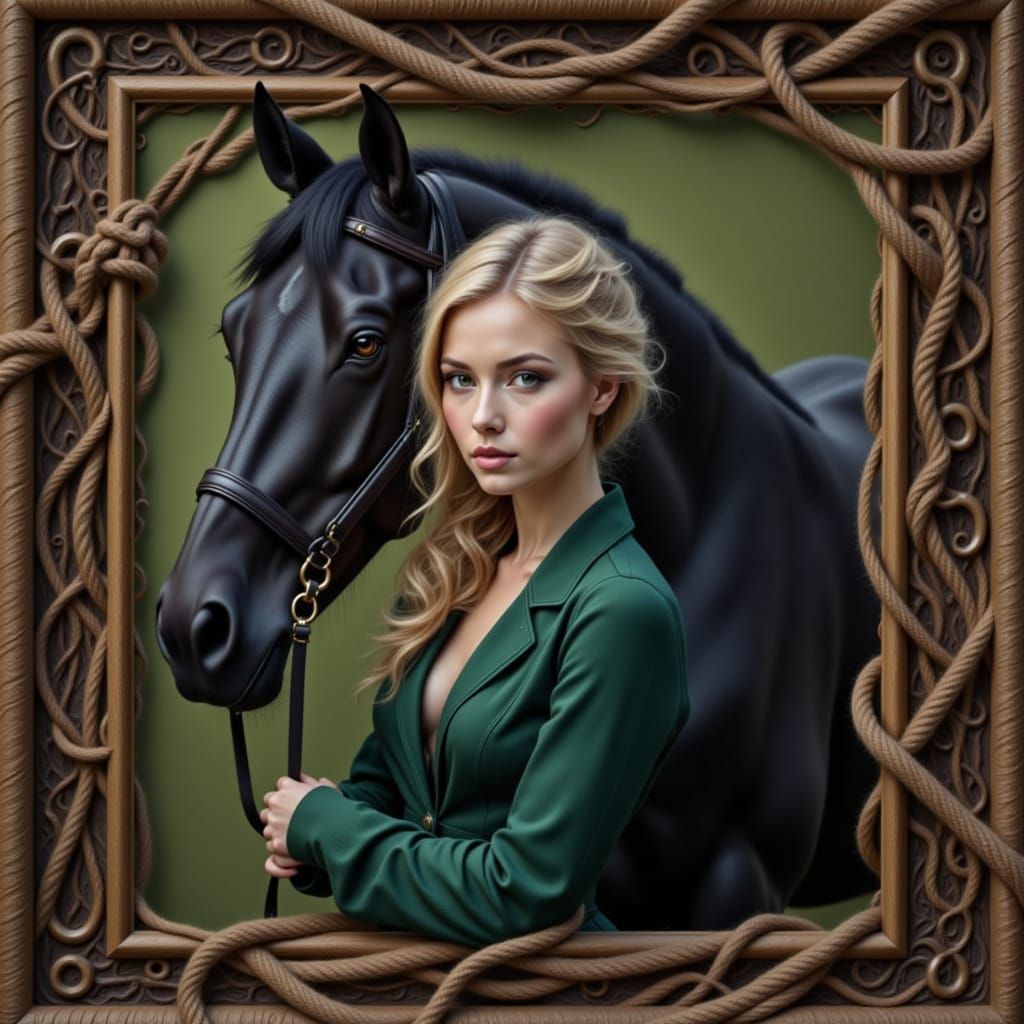 Blonde Woman with Black Horse in Horseshoe Frame