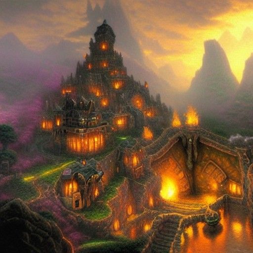 Ethereal Dwarven City with Balrog in Fantasy Style