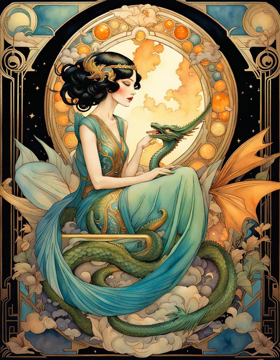 Art Deco Woman and Dragon in Watercolor