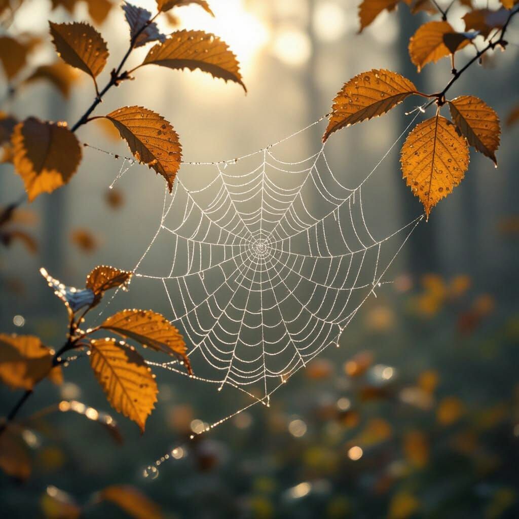 Glistening Spiderweb in Autumn Forest