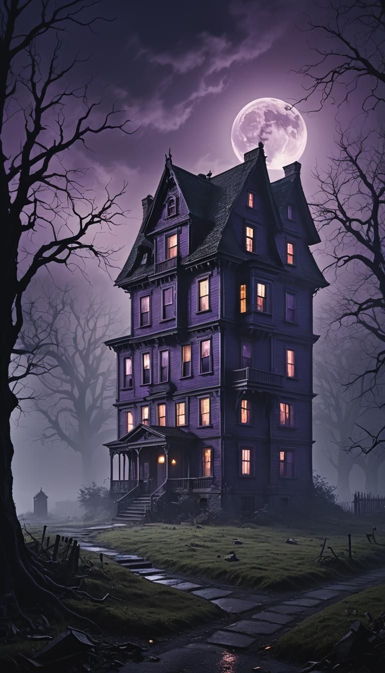 Haunted House with Ghostly Silhouettes in Eerie Mist