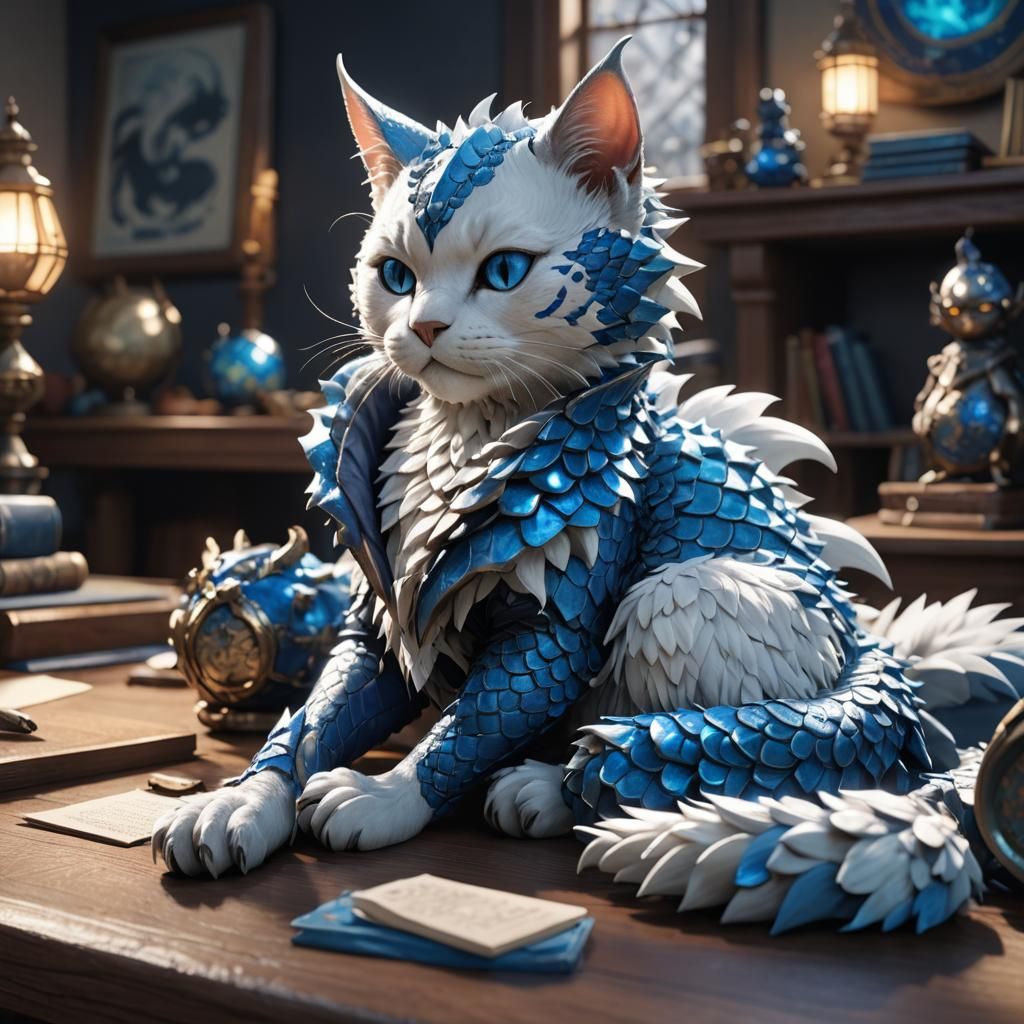 Blue Dragon Cat Napping, Anime Style, 8K Render