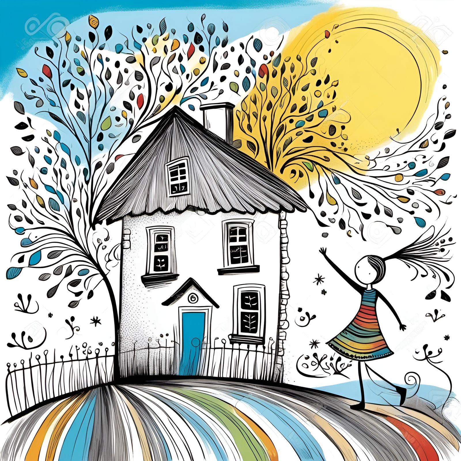 Stick Figure Girl's Playful Day in Retro Style