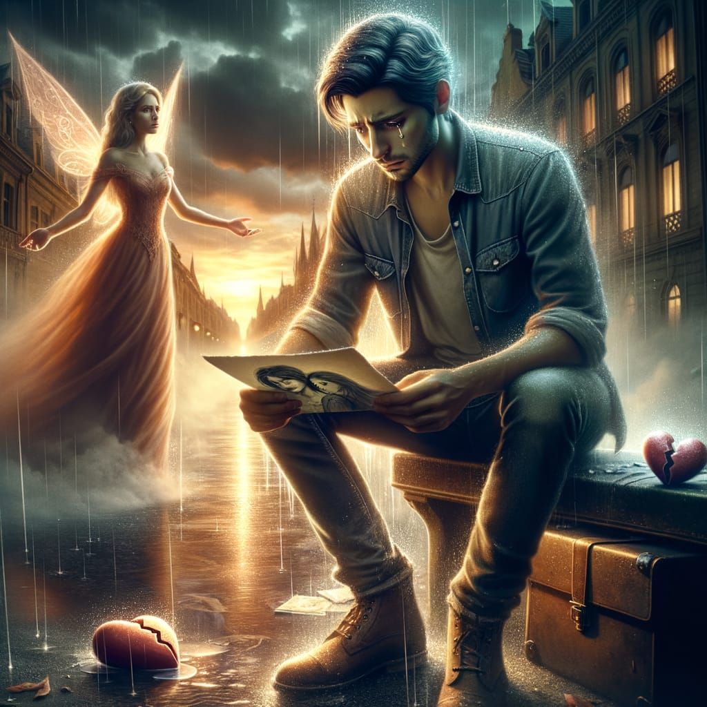 Heartbroken Man on Rainy Street with Ghostly Lover