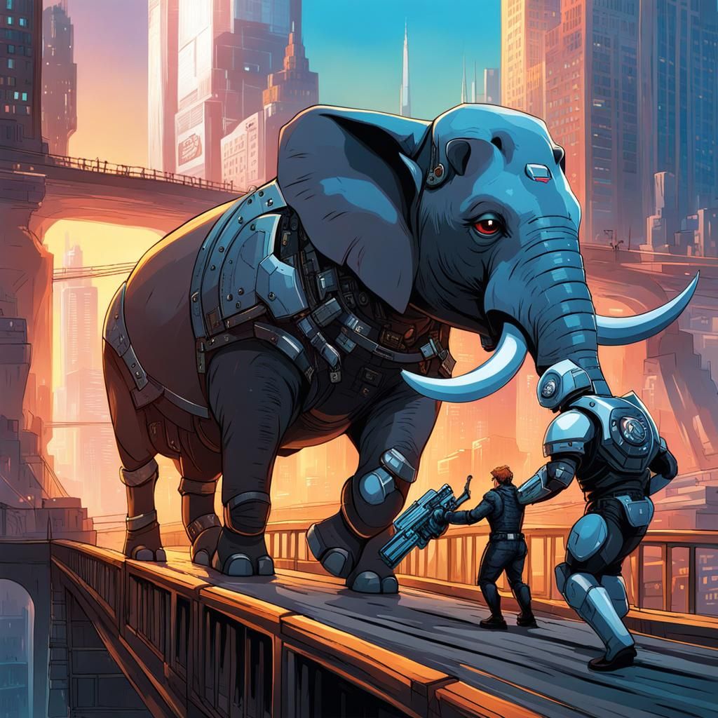 Cyberpunk Elephant Versus Rhinoceros Battle