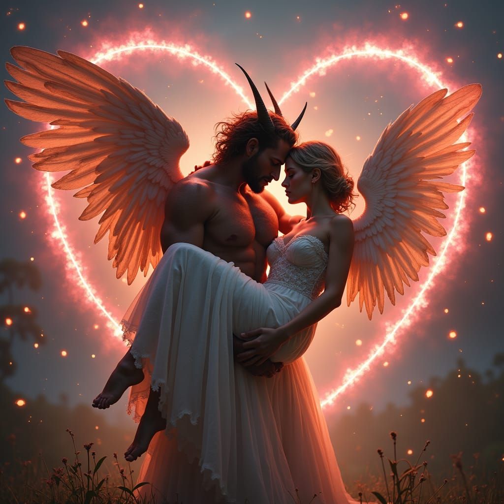 Demon and Angel Embrace with Fireflies