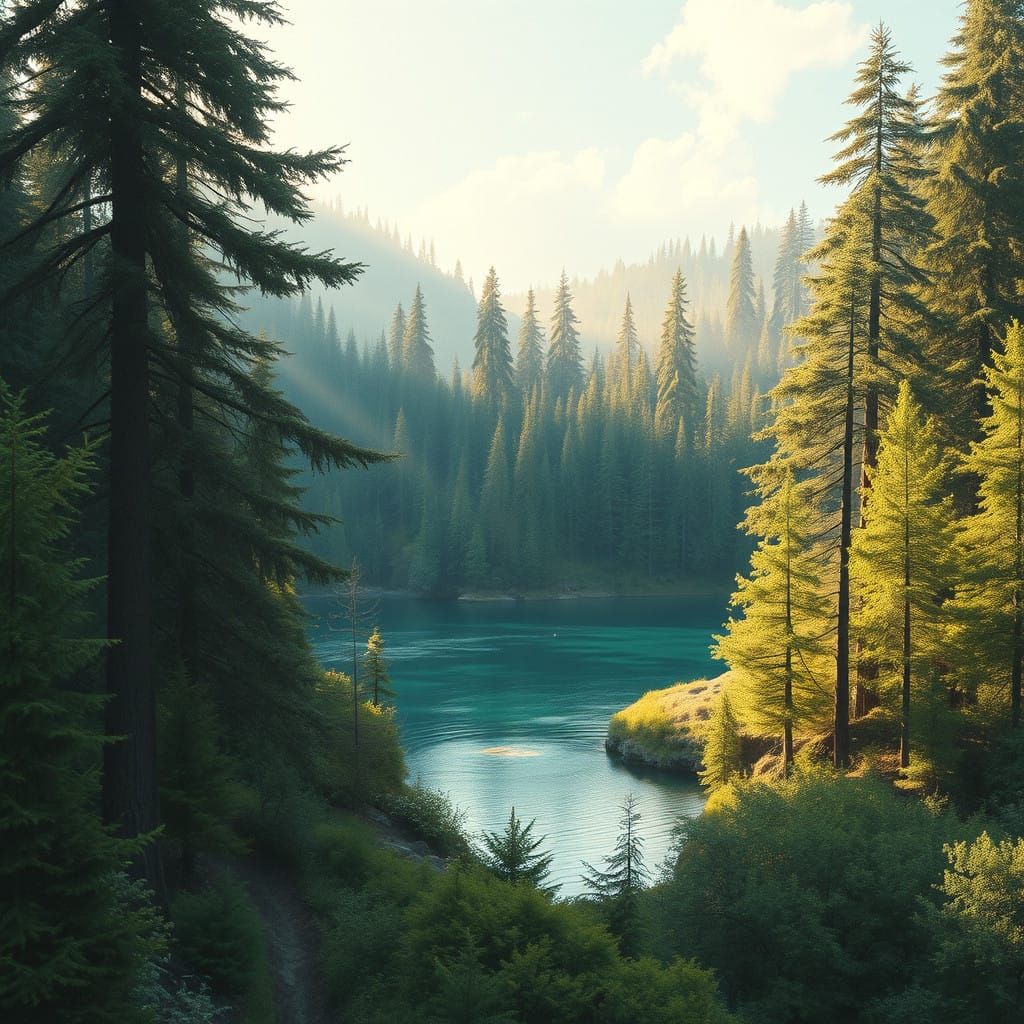 Serene Forest Scene with Majestic Lake in Watercolor Style