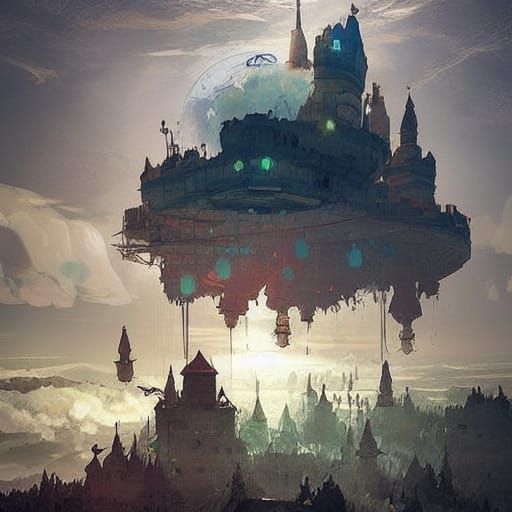 Giant Solarpunk Castle Floating Above Clouds