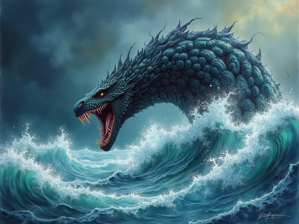 Menacing Sea Monster in Expressive Watercolor Style