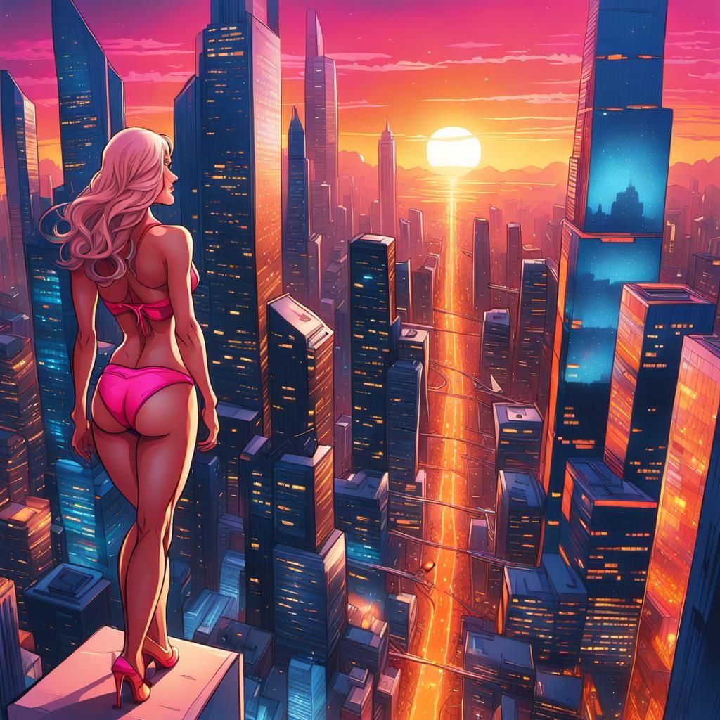 Giant Woman Dominates Futuristic Cityscape in Comic Art