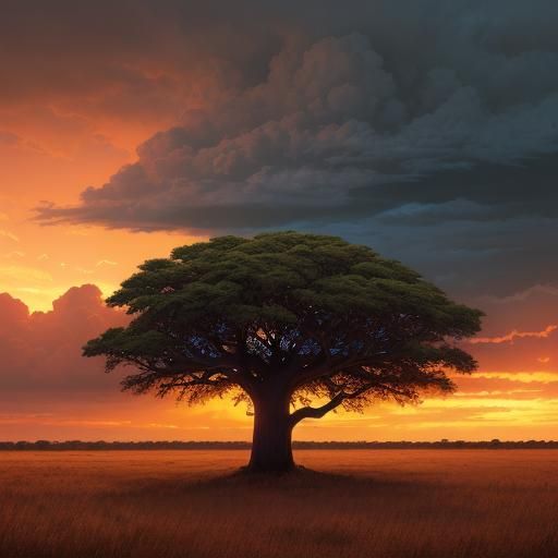 African Sunset Baobab Trees in Dramatic Digital Painting