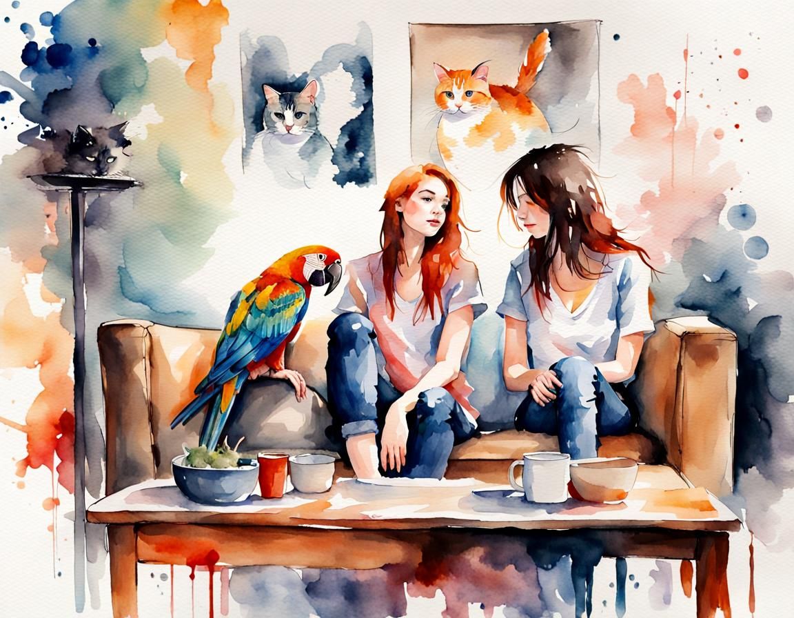 Charming Couple with Pets: Watercolour Illustration