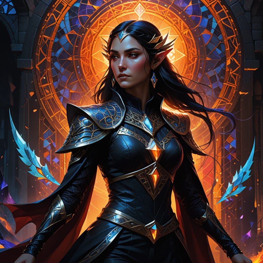 Ethereal Elf Sorceress Radiates Magic in a Vibrant, Dark Fan...