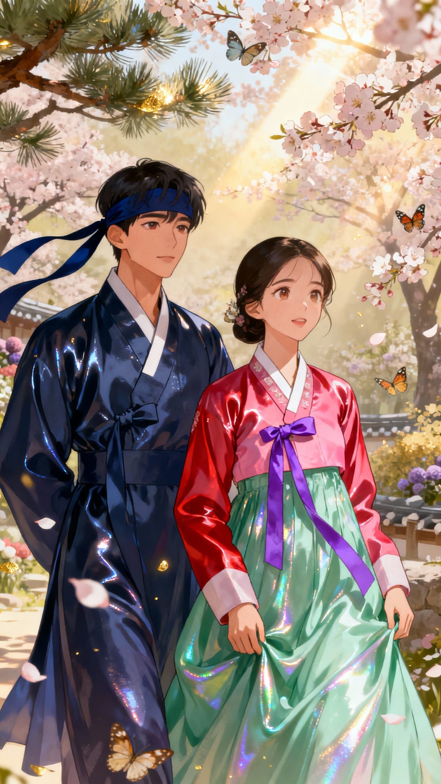Couple in Luminous Silk Hanbok in Spring Garden