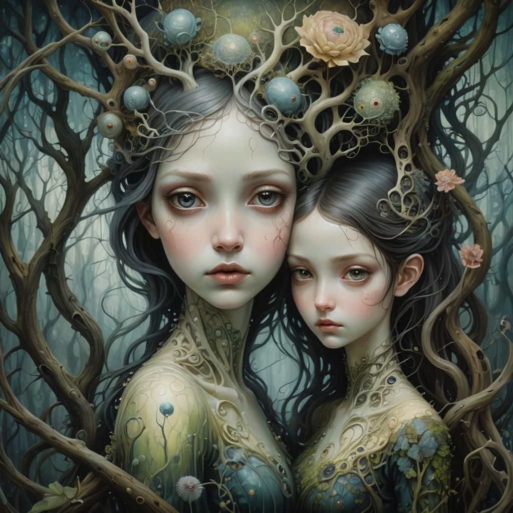 Surreal Oil Painting: Humanoids in Fractal Landscape