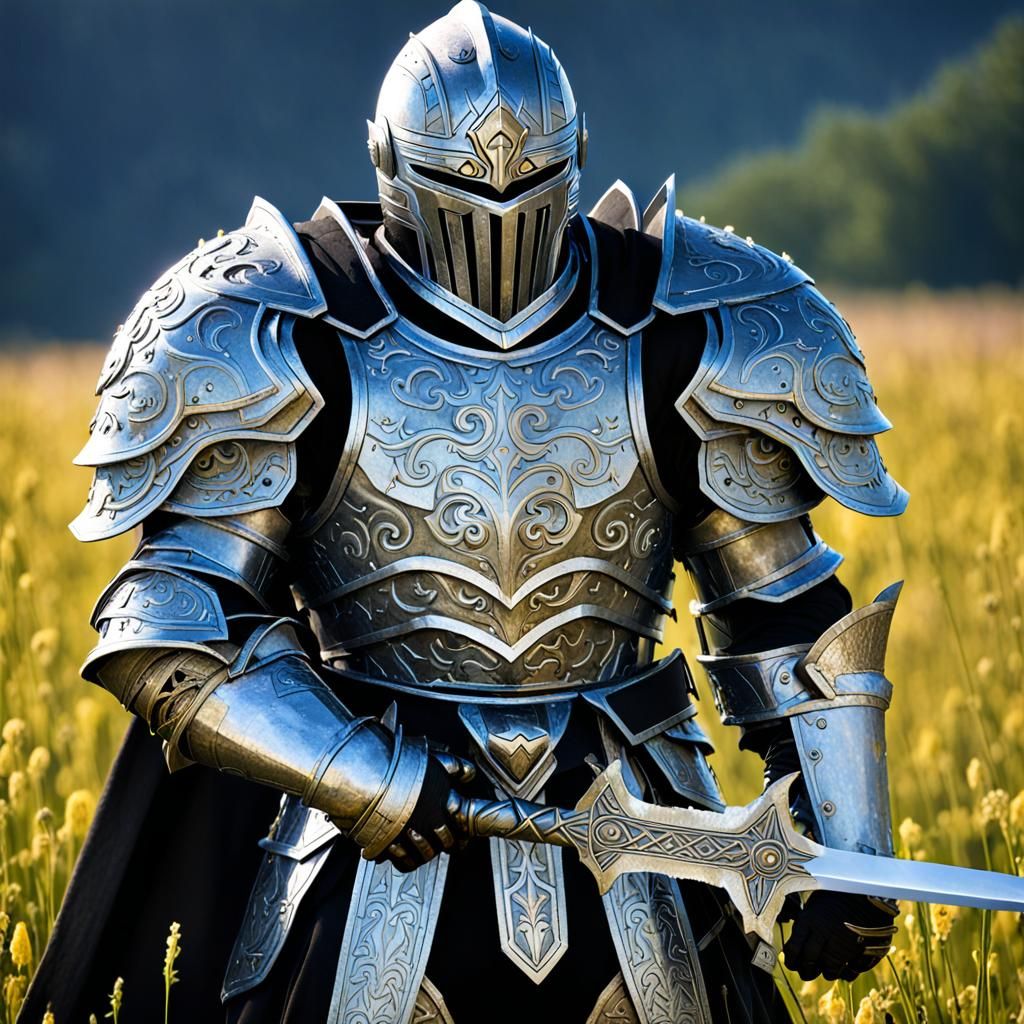 Armored Knight Holding Sword in Field