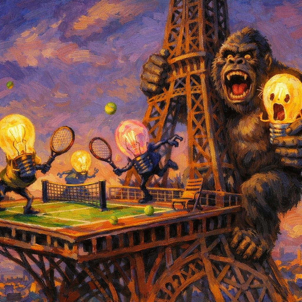 Surreal Tennis Match at Eiffel Tower with King Kong