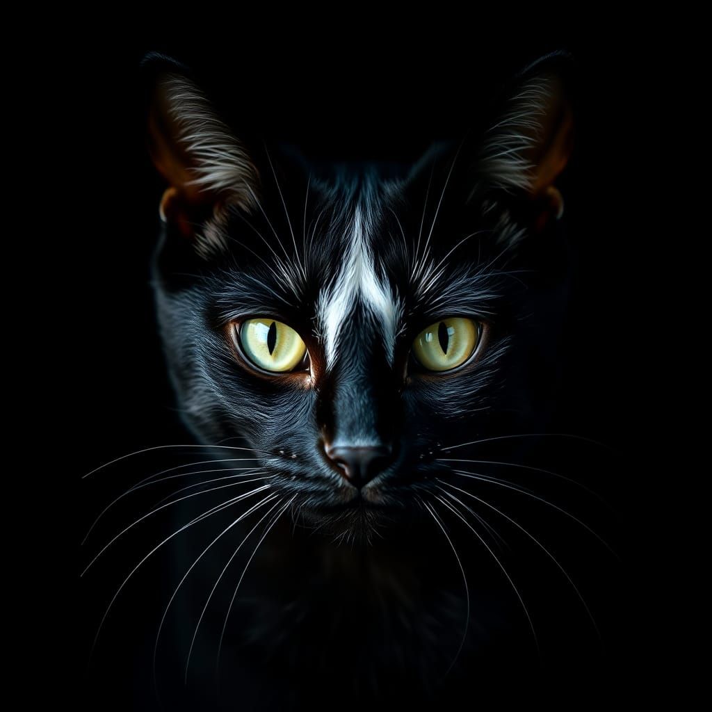 Black Cat with White Head in Chiaroscuro Style
