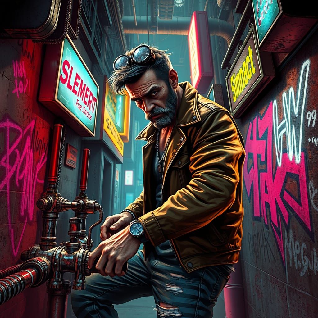Cyberpunk Plumber in Neon-Drenched Alleyway