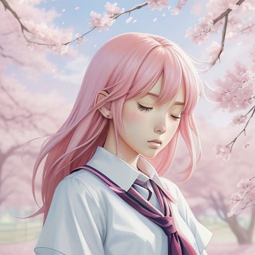 Anime Girl Sneezing Amidst Cherry Blossoms