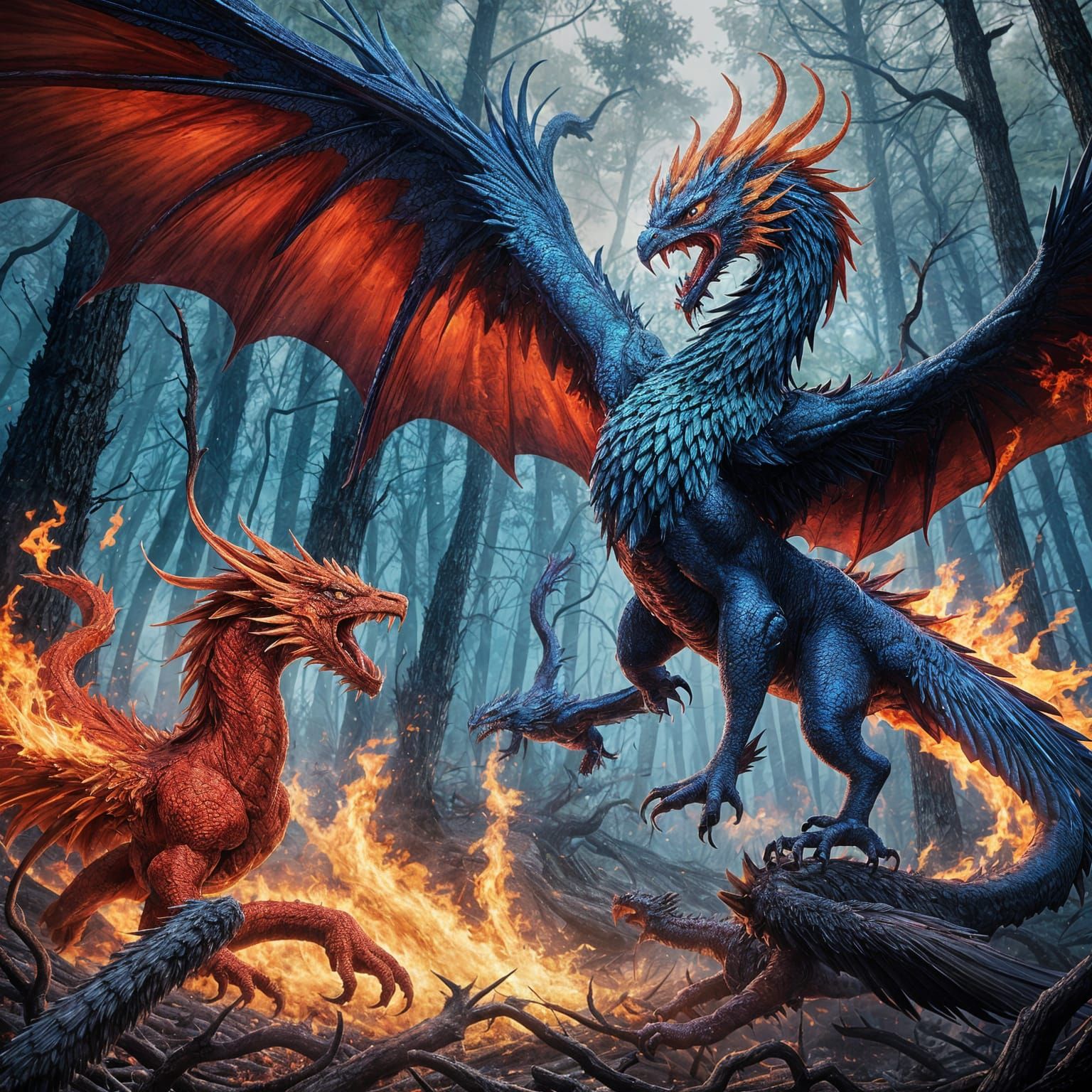 Blue Phoenix Battles Crimson Dragon Over Inferno