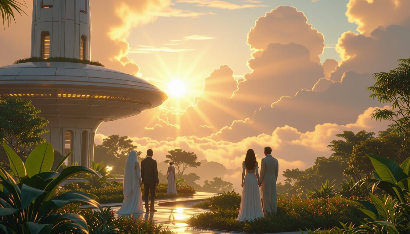 Sci-Fi Eco-World at Sunrise in Digital Art Style