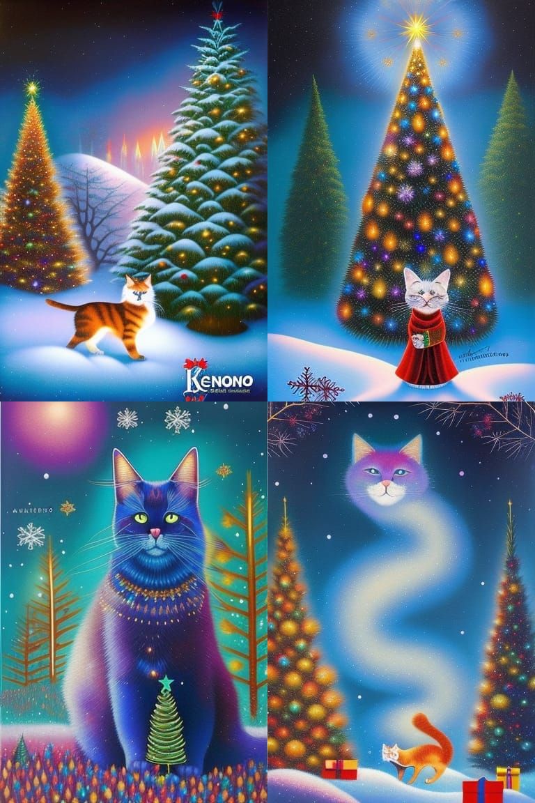 Festive New Year Cat with Christmas Tree