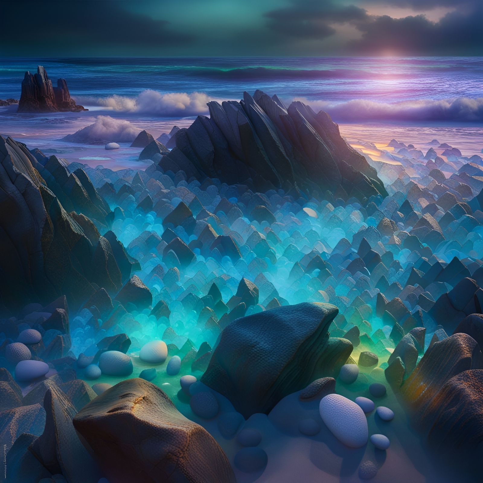 Bioluminescent Beach with Jagged Rocks: 8K Coastal Scene