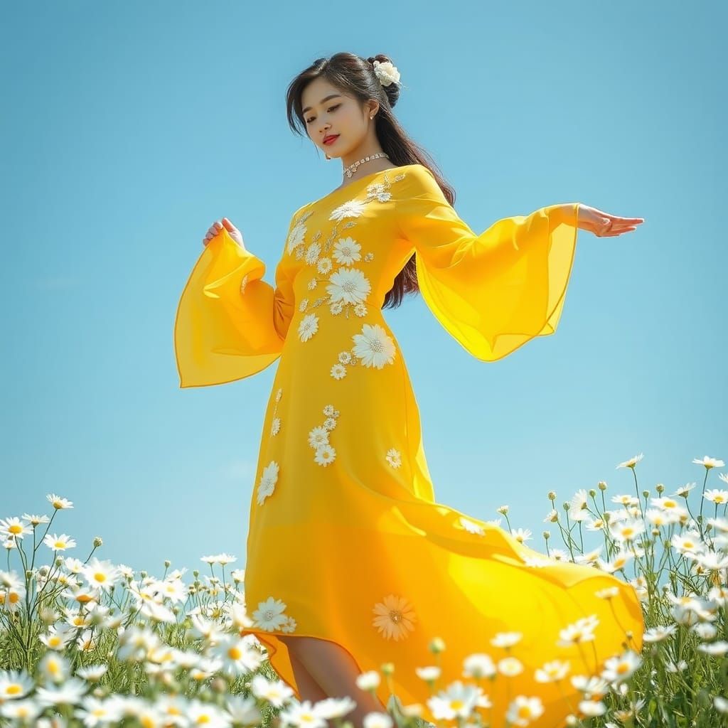 Elegant Japanese Woman in Yellow Dress Among Daisies