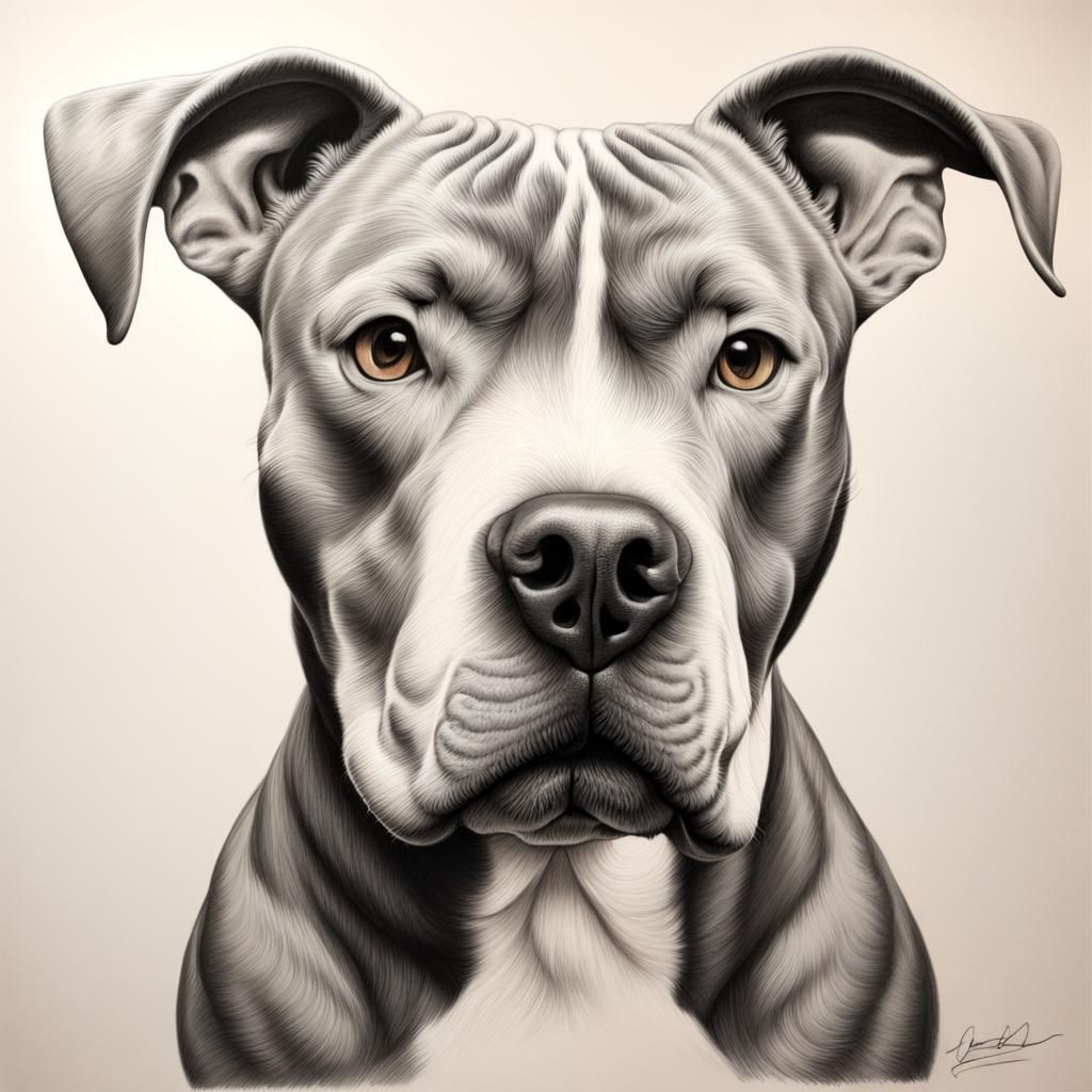 large realistic white and tan pitbull hyperdetailed charcoal drawing