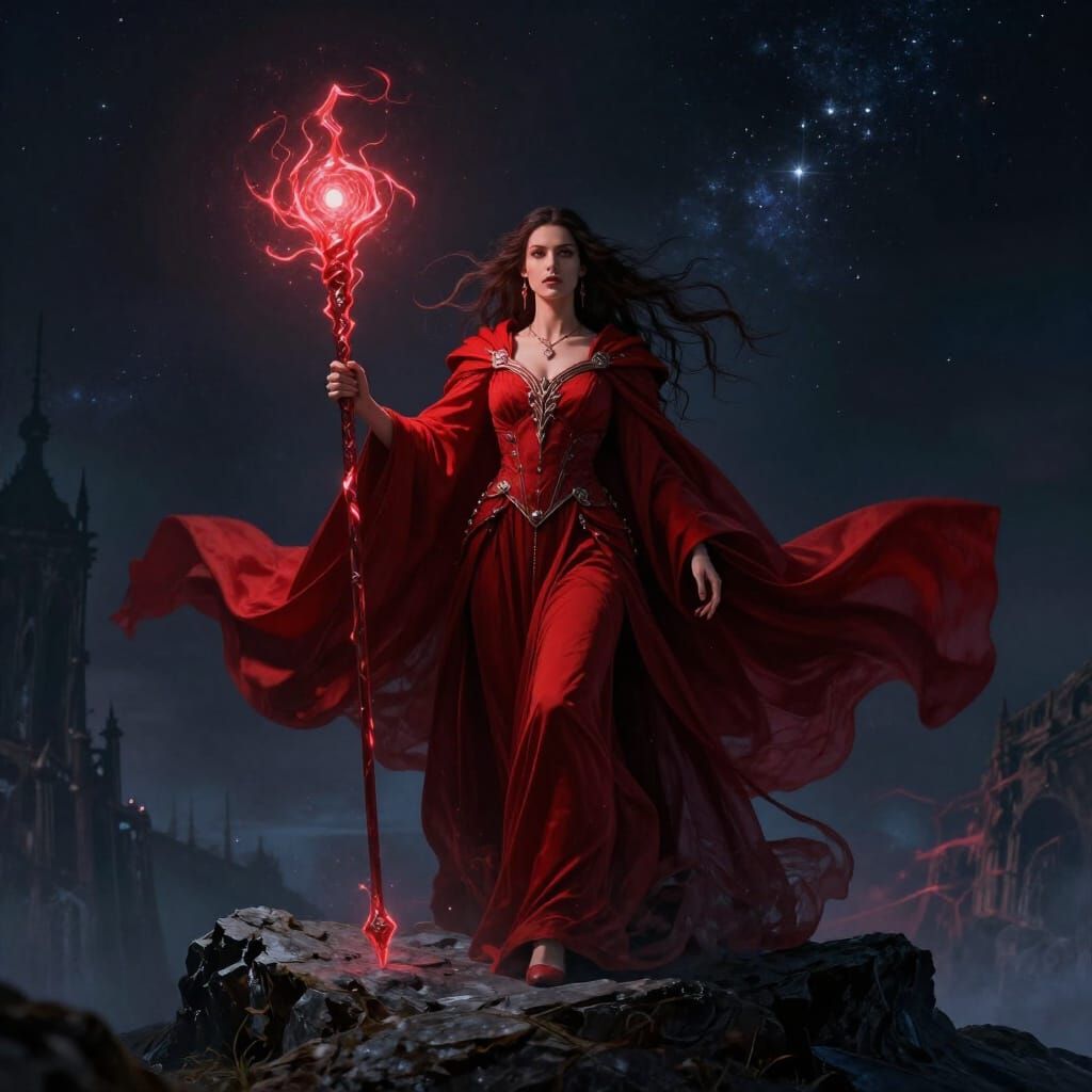 Crimson Robed Sorceress on Rocky Outcrop