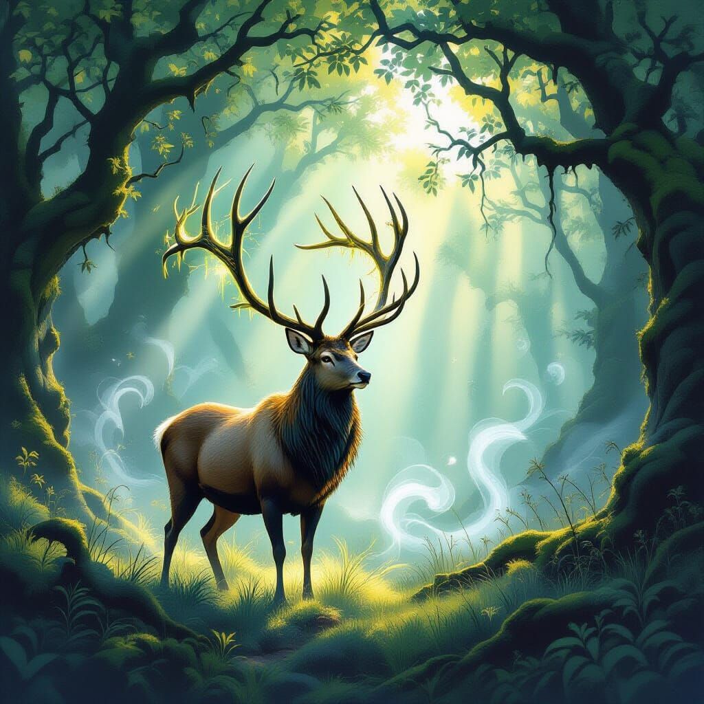 Majestic Stag in Enchanted Forest with Glowing Moss