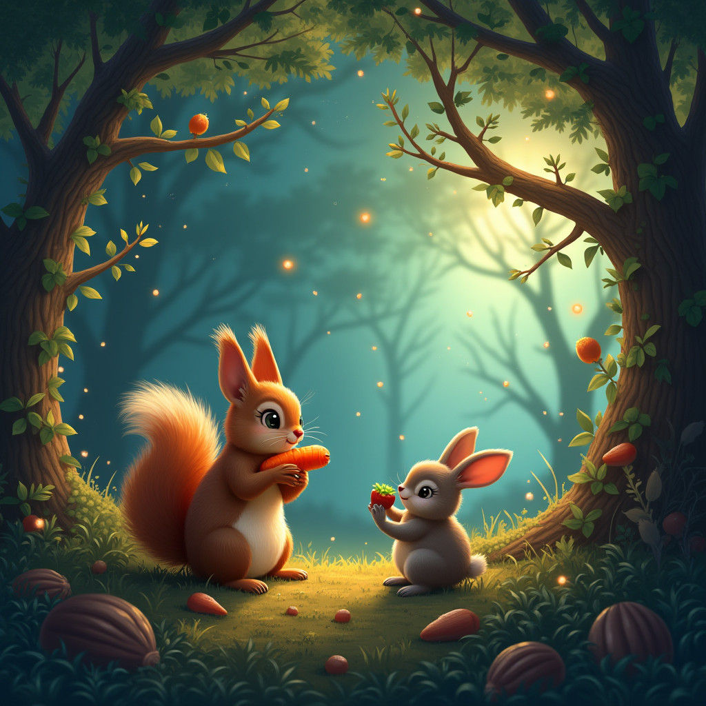 Squirrel and Rabbit Feast in Enchanted Forest