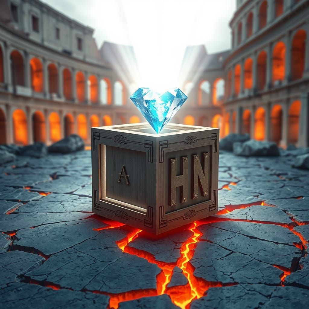 Surreal Wooden Cube Illuminated by Radiant Crystal Amidst Fr...