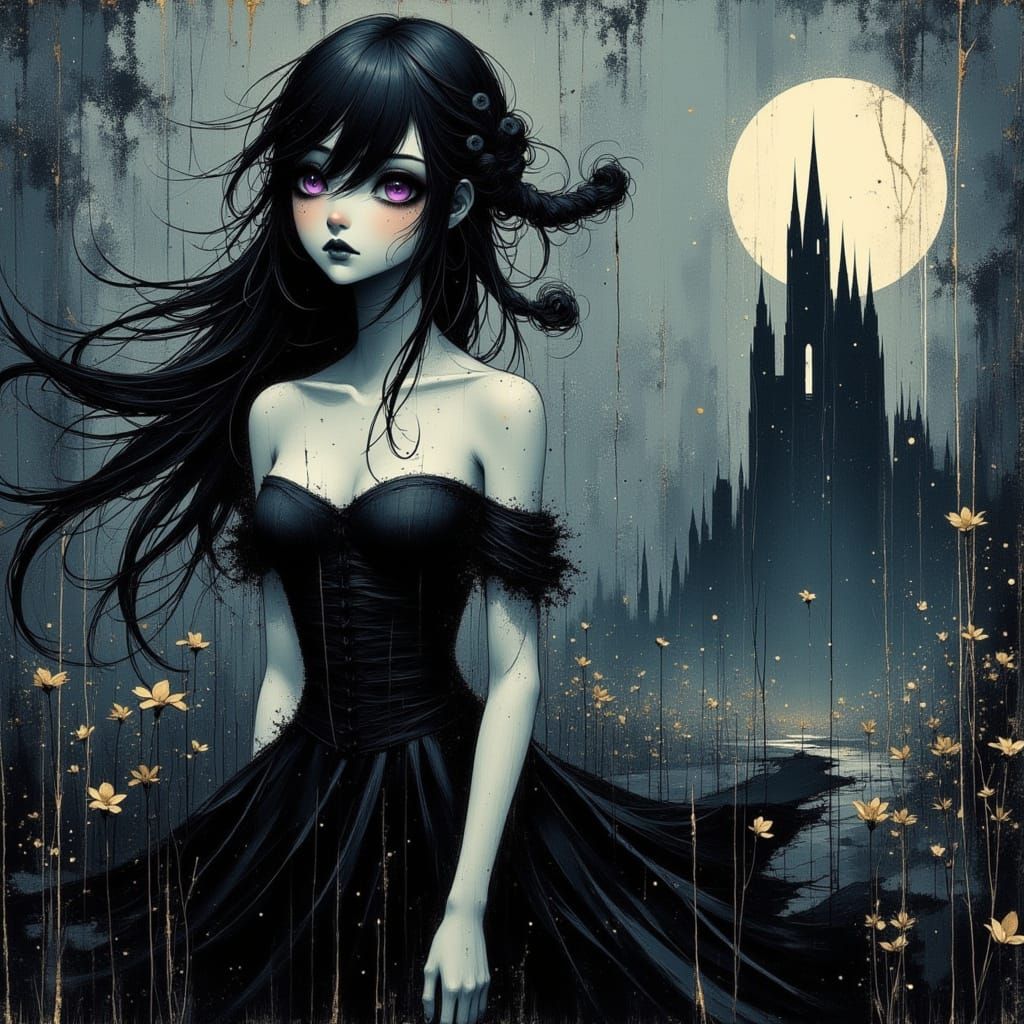 Gothic Anime Woman in Ruined Castle Under Full Moon