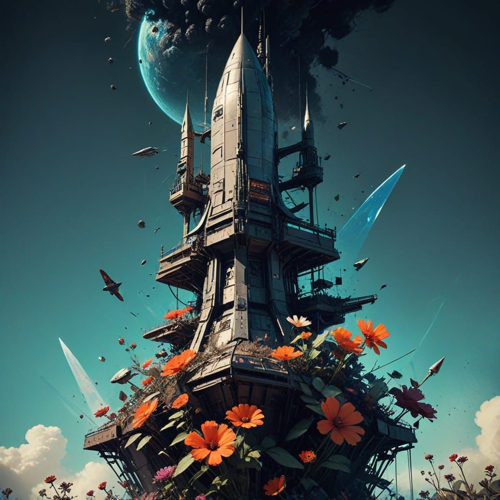 Whimsical Rocket Ship Tower in Manga Style