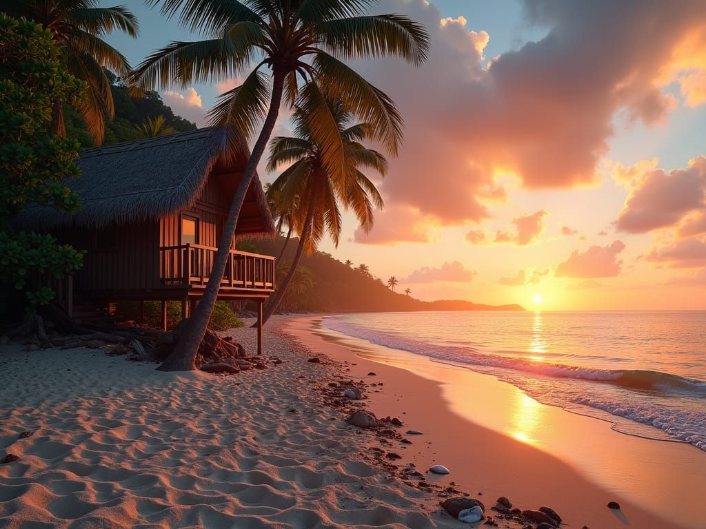Tropical Beach Palm Treehouse at Sunset