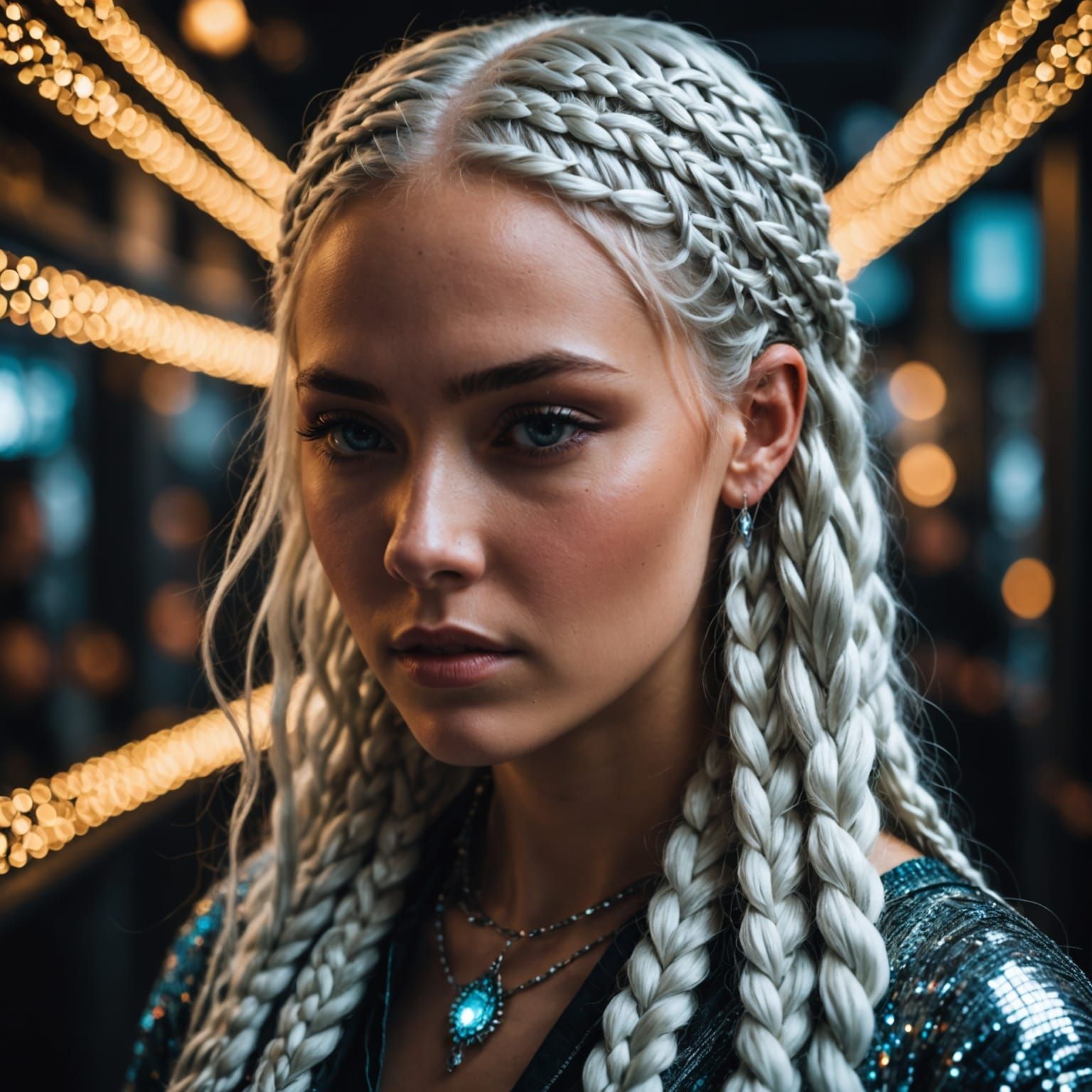Woman with Glowing Braids on Metallic Threads