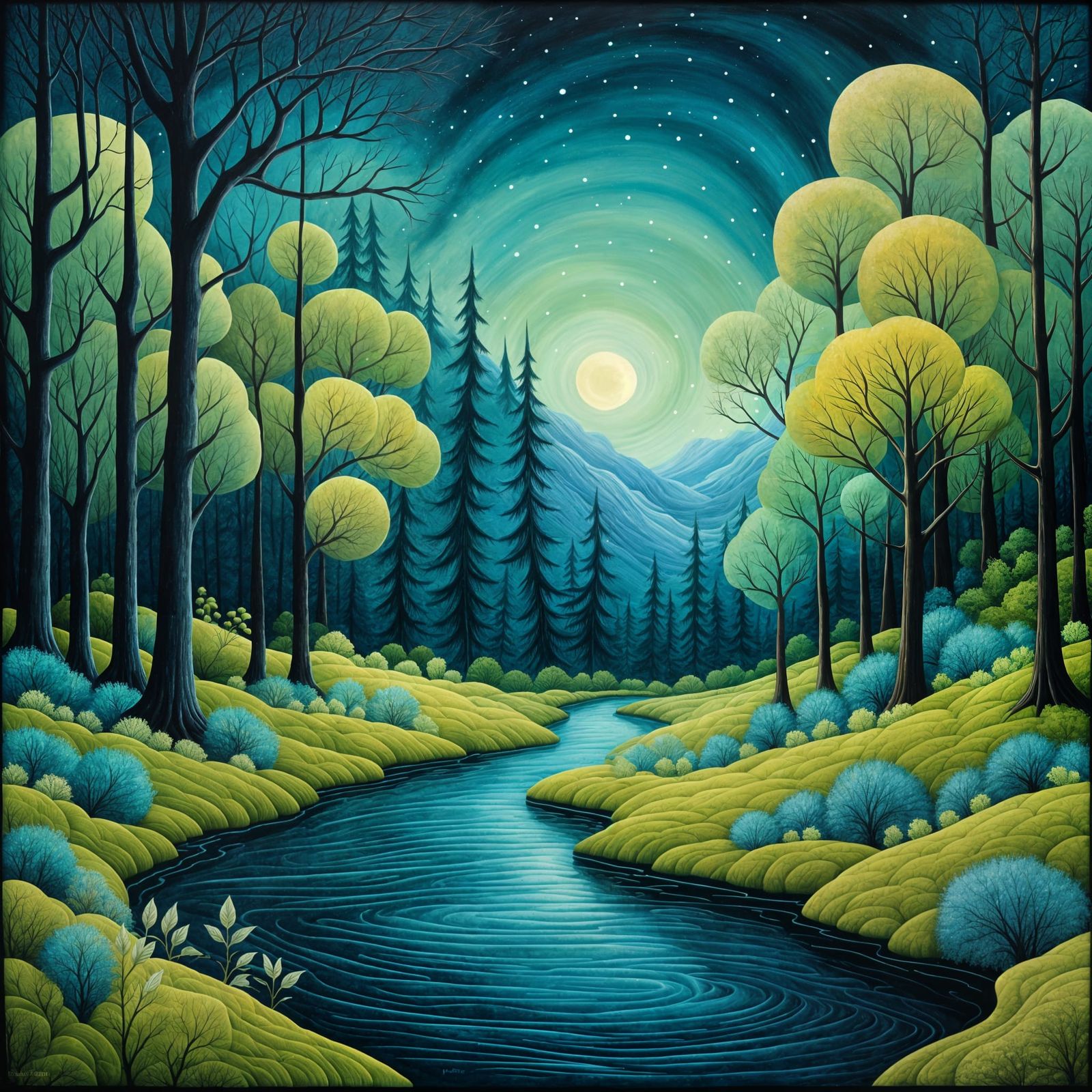 Lime Foliage in Twilight Forest, Gouache Style