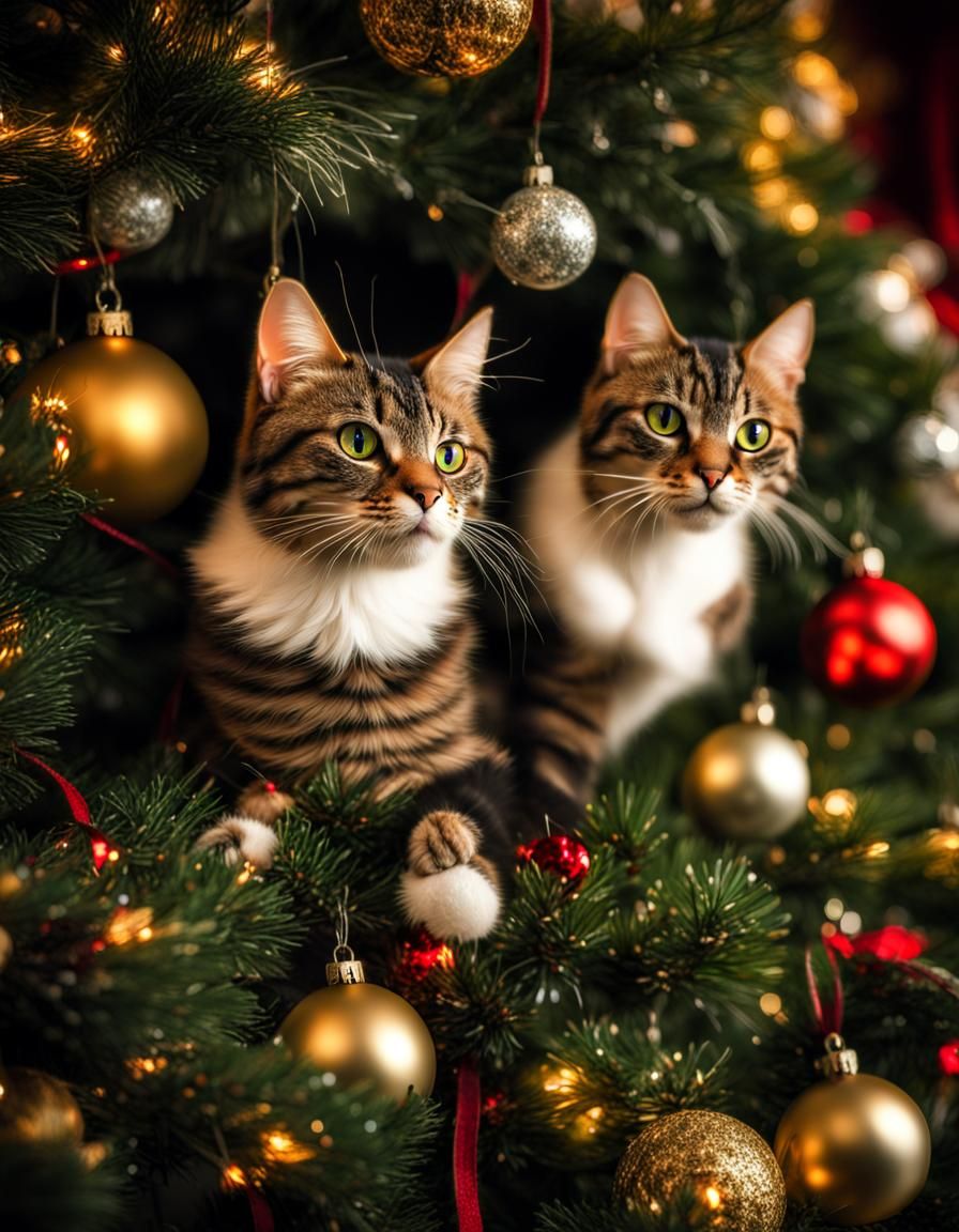 Cats Celebrate Christmas in Decorated Tree