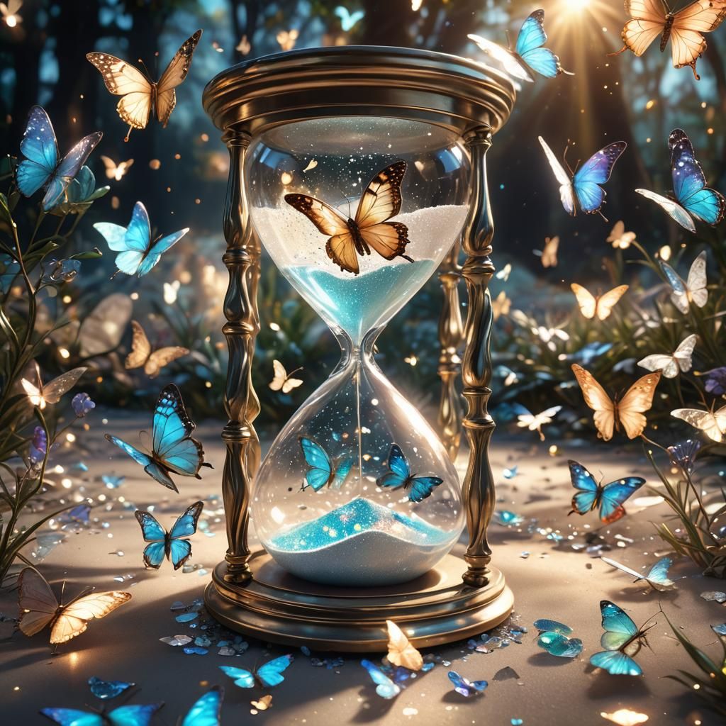 Bioluminescent Hourglass with Quartz Butterflies