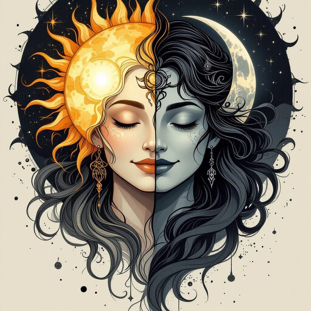Sun and Moon Goddess Tattoo Design in Grayscale