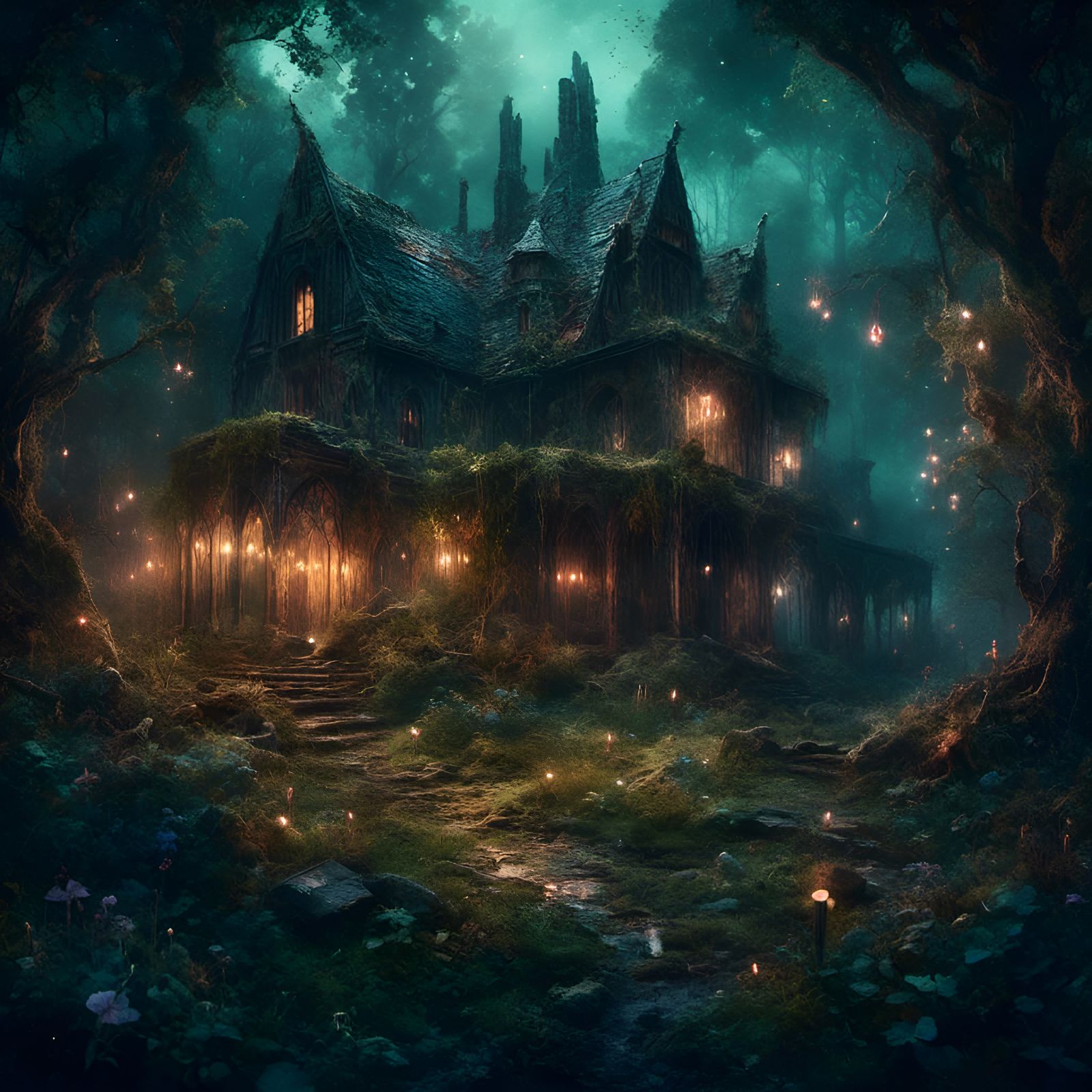 Gothic Witchcraft Scene with Fox and Werewolf