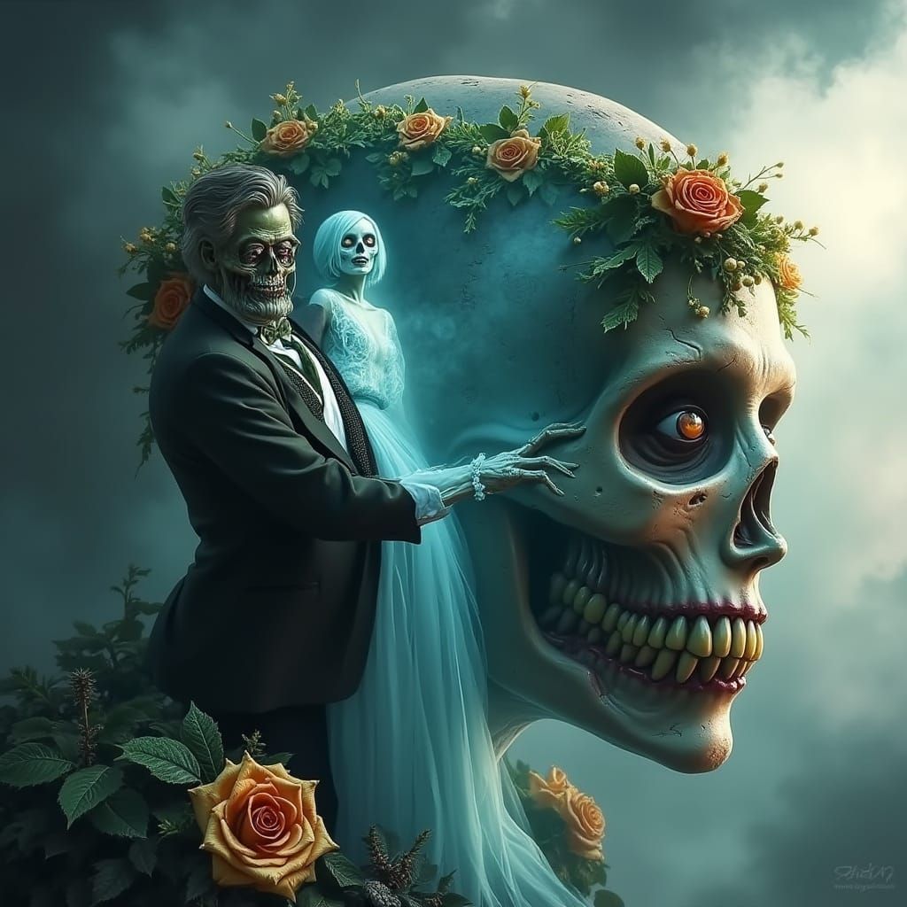 A skeletal couple is depicted in a surreal, gothic wedding s...