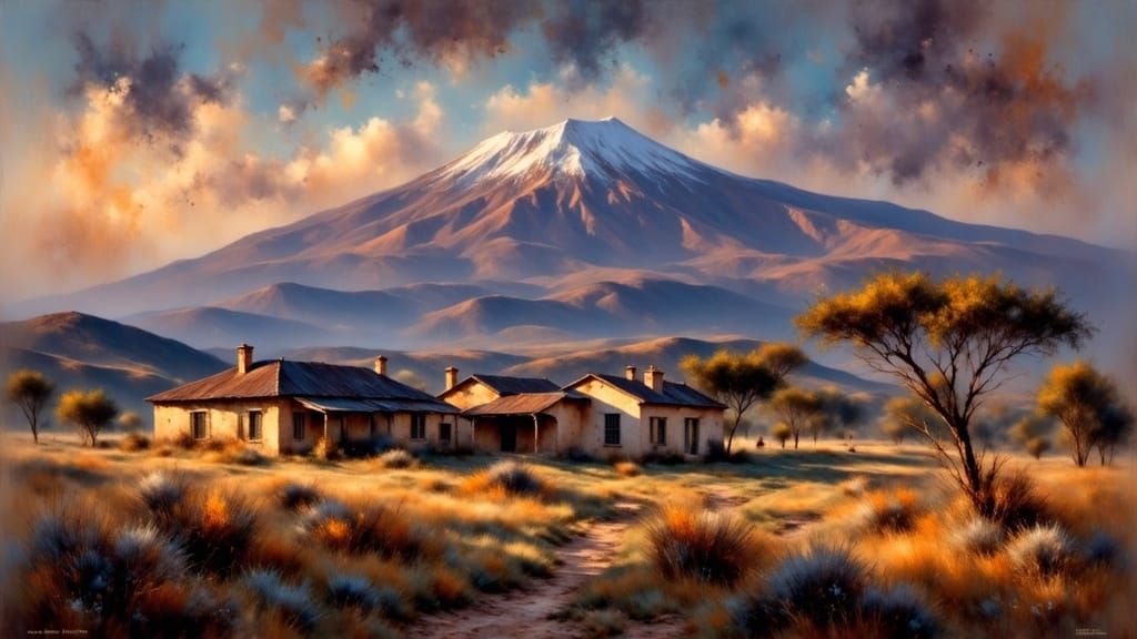 African Farmhouse on Savanna at Sunset, Oil Painting Style