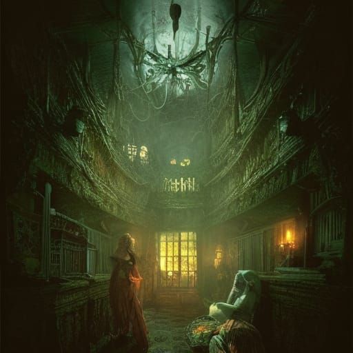 Magical Haunted Witch House Illustration in Art Nouveau Styl...