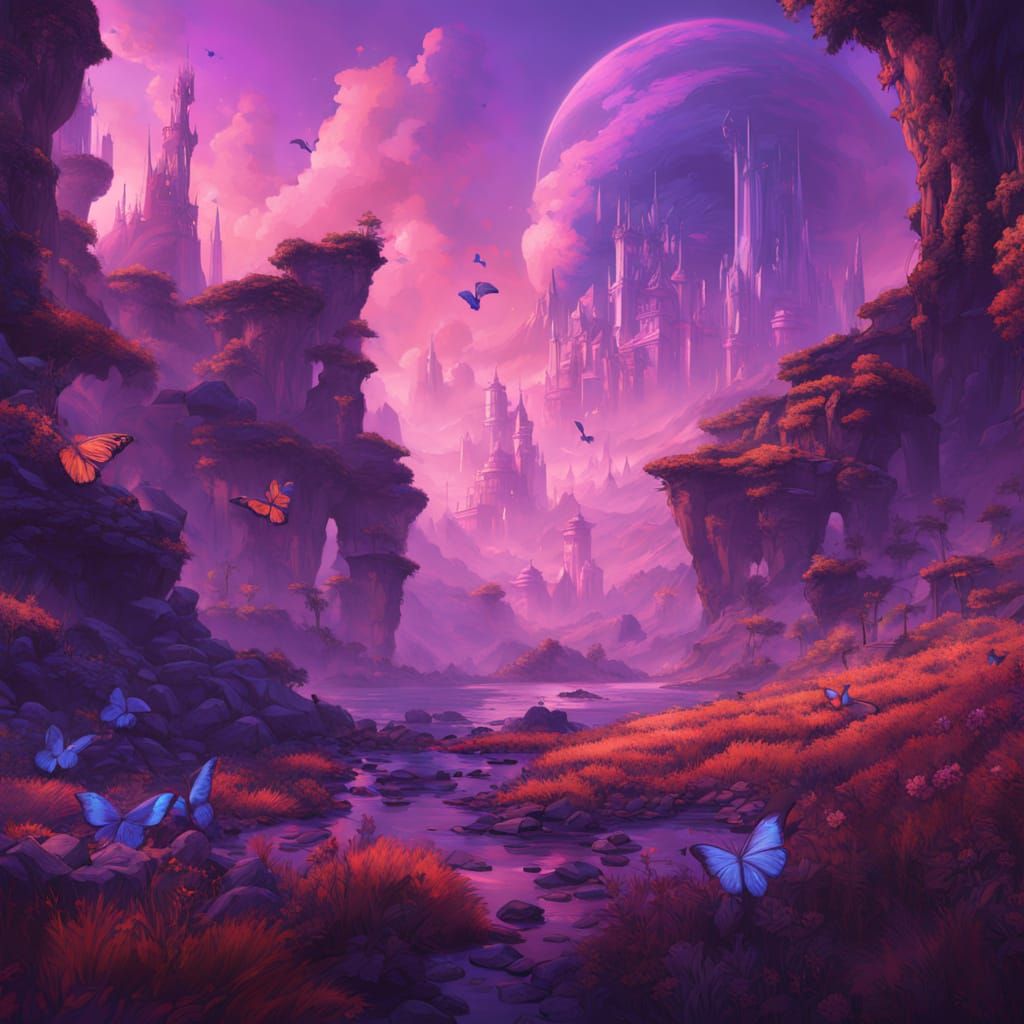 Whimsical Purple Butterfly Realm in Dreamlike Watercolor Sty...