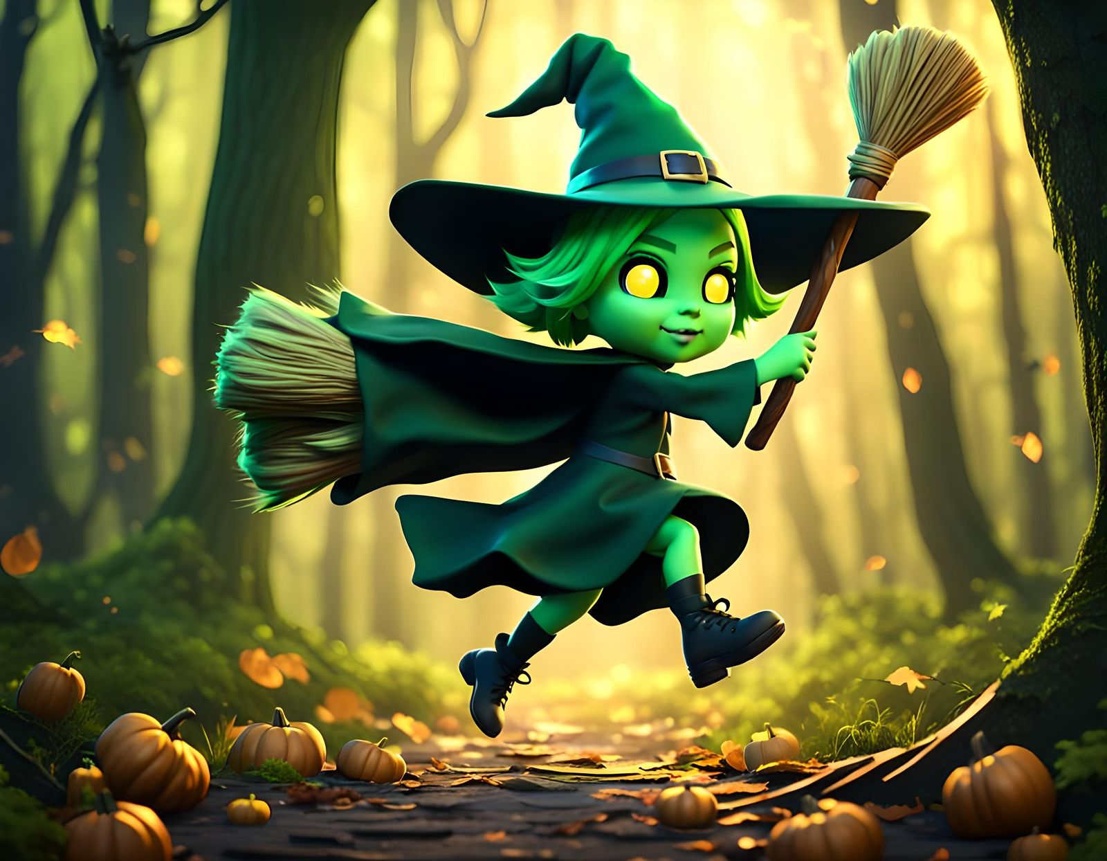 Chibi Green Witch's Flight in Enchanted Woods