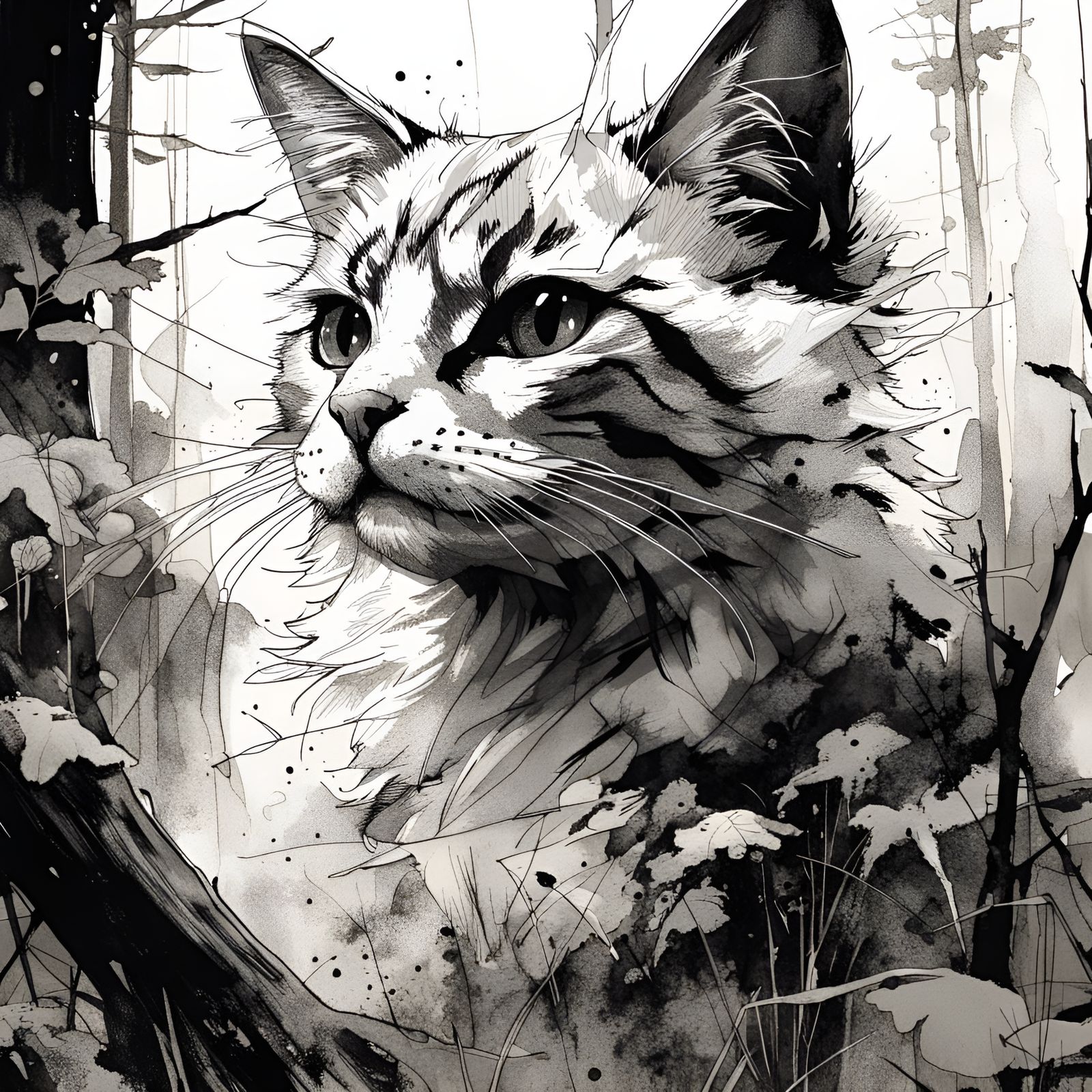 Detailed Black and White Cat Ink Drawing