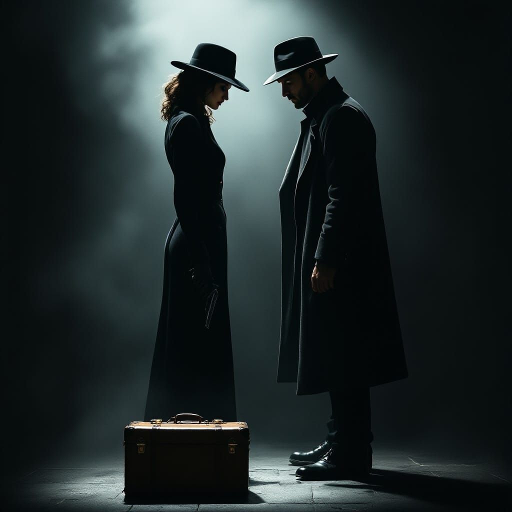 Sultry Film Noir Scene with Mysterious Woman and Tense Man